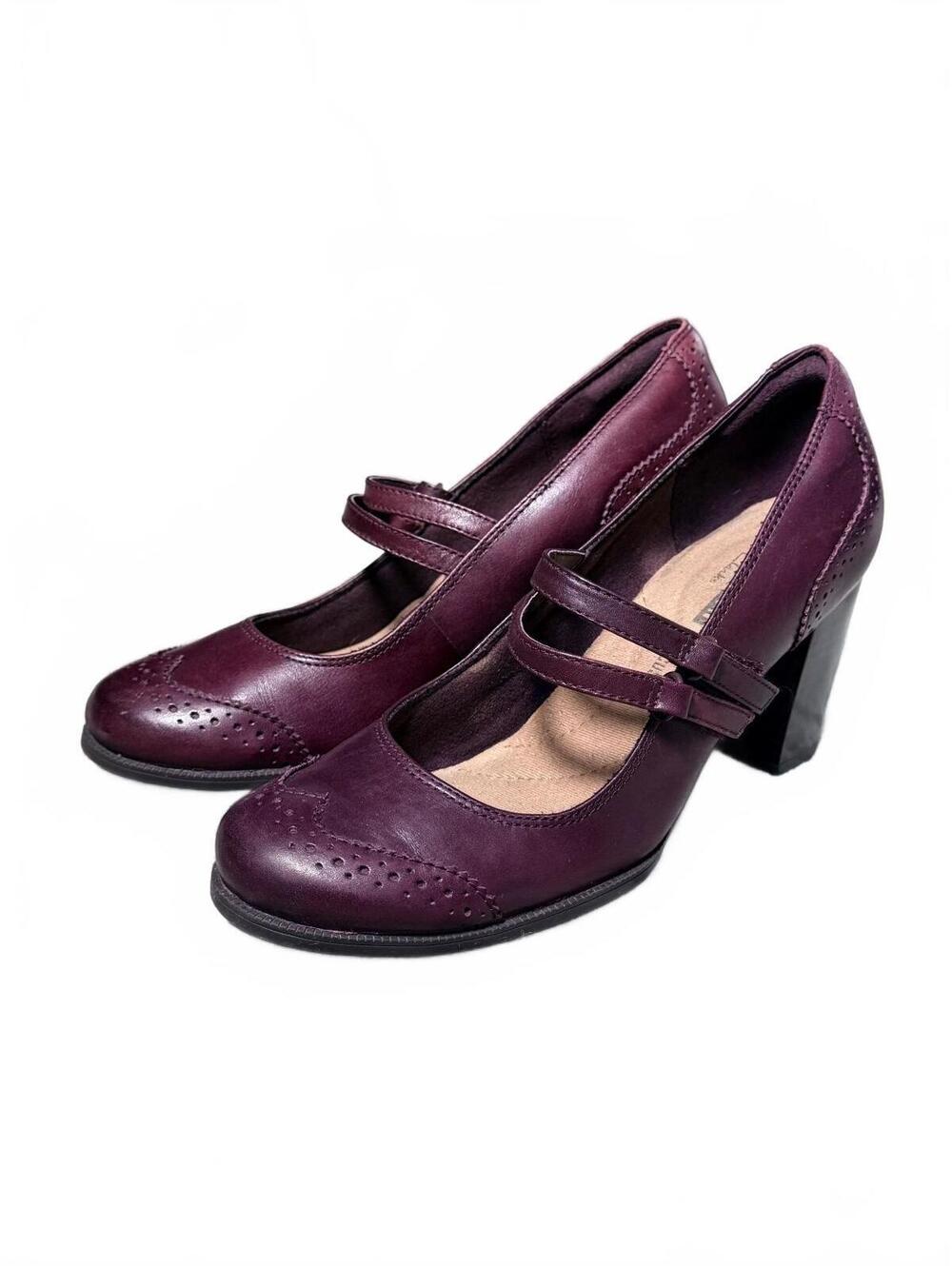 Y2K Burgundy Mary Jane Clark’s Block 3.5” Heel Buckle 2 Strap Round Toe Pump 8